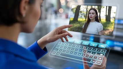 Online video communication meeting using futuristic laptop interface
