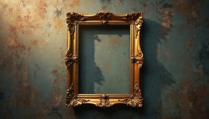 Ornate antique gold frame sits on textured grunge wall. Empty space inside border for text or image overlay. Vintage design element provides backdrop for creative content.