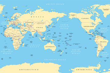 Pacific centered world map. Political map in cylindrical projection, placing the Pacific Ocean at the center, showcasing Asia, Oceania, and the Americas around it, emphasizing the Pacific Rim. Vector
