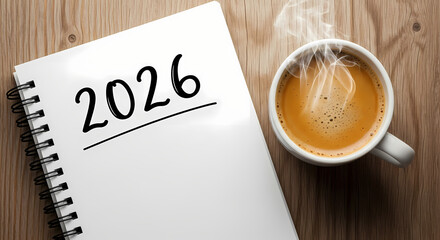 A notebook with 2026 written on it next to a cup of coffee on a wooden table