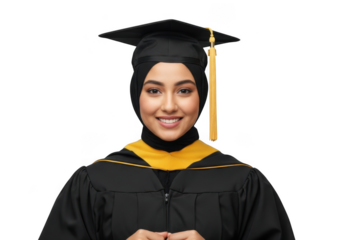 Smiling graduate in cap and gown isolated on transparent background