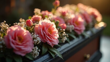 Pink floral arrangement tops dark coffin lid. Soft light falls on blooms and green plants, suggesting somber ceremony. Grief, loss, remembrance, funeral service.