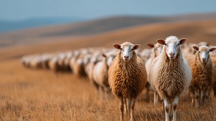 Fototapeta premium A herd of woolly farm animals grazes in a golden field, their soft fleece a striking contrast against the blurred backdrop of distant rolling hills. The sun casts a warm, gentle glow.