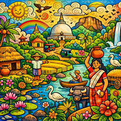 Creative Doodle Art Illustration of Sri Lanka Village Life and Nature