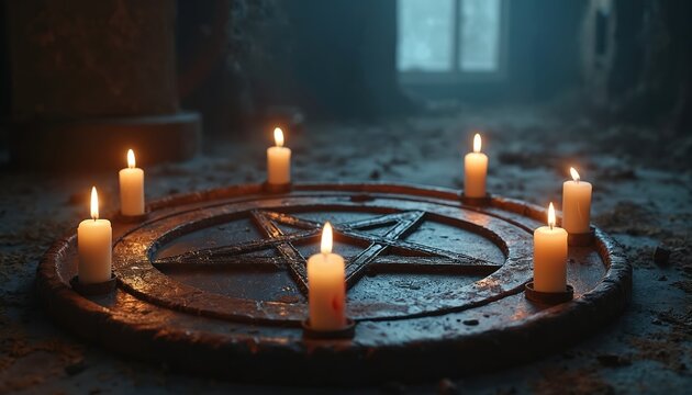 Mysterious pentagram with lit candles on dark altar. Ritualistic occult symbols create eerie spiritual atmosphere. Dark magic ceremony background.