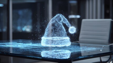 High-tech holiday Santa hat hologram with neon glow and digital snow in a clean modern workspace