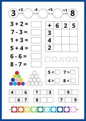 Math test paper for young children, worksheet for school and preschool education, home schooling.