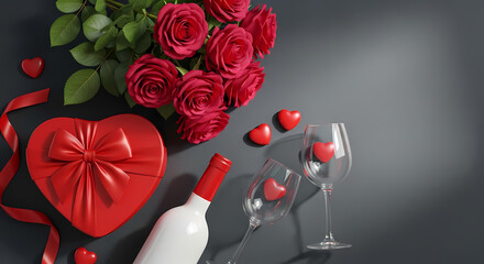 Romantic valentines day setup with wine, roses, and heart gifts on table
