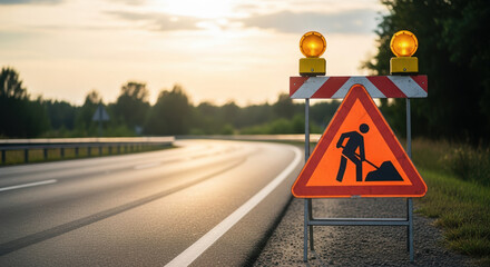 Men at work warning sign on a highway at sunset. Road construction and traffic safety concept with flashing amber lights