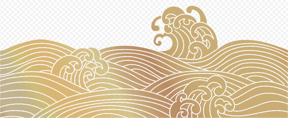 Japanese sea wave golden background vector. Dragon Boat Festival traditional waves Wallpaper design ocean wave pattern backdrop. Modern luxury oriental illustration for cover, banner, website,