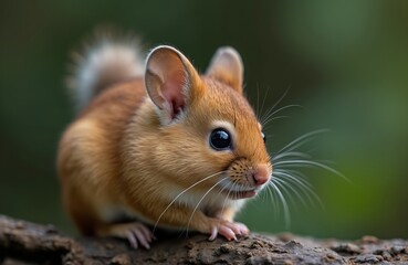 Small hazel dormouse sits on tree branch outdoors. This cute small mammal has furry brown fur and big black eyes. Wild rodent hides in green nature.