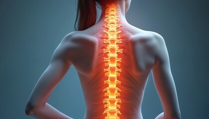 Woman glowing spine shows spinal cord problems and pain. Medical illustration highlights back condition and posture issues for health awareness.