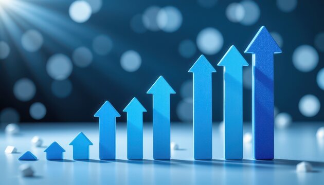 Blue Growth Arrows Representing Success, Progress, and Business Expansion with Shiny Background and Bokeh Effects - Powered by Adobe