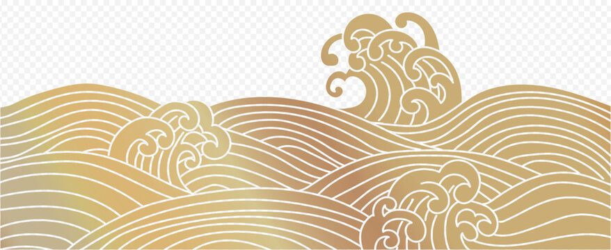 Japanese sea wave golden background vector. Dragon Boat Festival traditional waves Wallpaper design ocean wave pattern backdrop. Modern luxury oriental illustration for cover, banner, website,