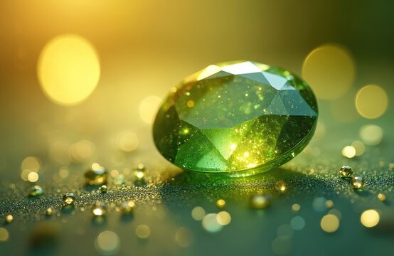 Green peridot gemstone rests on glittering surface. Golden bokeh lights in background add magic. Photo shows luxury wealth elegance nature jewelry design premium product.