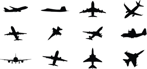 Silhouette of various military and civilian aircrafts in flight