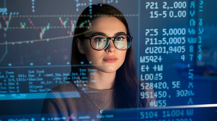Female programmer analyzing data code on digital interface
