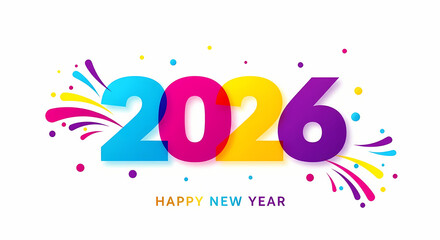 Colorful 2026 happy new year celebration graphic with confetti and sparks