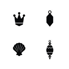 Four black silhouette charms including a crown and shell on a white background Keywords: charm, pendant, icon