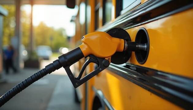 Yellow school bus gets fuel at gas station. Orange nozzle in tank, close up on sunny day. Vehicle refuels for student commute, transport, power.