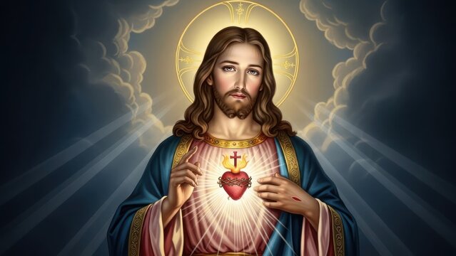 Image of Jesus Christ, light emanating from heart, halo, clouds, blue robes