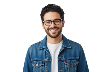 Young man smiling with glasses isolated on transparent background