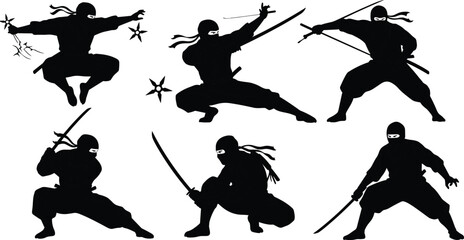 Ninja black silhouettes with swords, shuriken, and daggers in combat, action, and stealth poses, martial arts warrior vector illustration, mysterious assassin fighter set. © Hello World