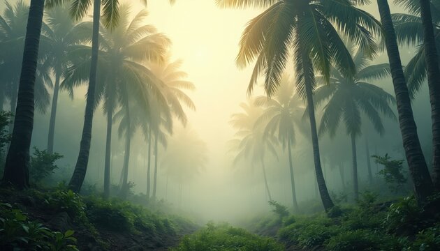 Misty path winds through dense palm tree forest. Lush green foliage lines dirt track. Bright sunlit haze pierces jungle canopy creating atmospheric mood.