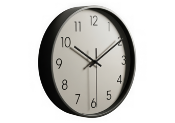 A modern minimalist wall clock with a black frame and white face against a black background isolated on transparent background