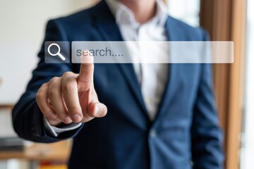 Businessman's finger touches virtual search bar online interface