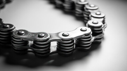 Metallic bicycle chain curving across a bright surface in black and white