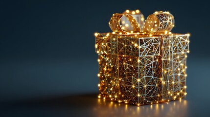 Geometric futuristic gift box formed from glowing polygon shapes with decorative holiday sparkle and a premium abstract festive design