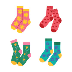 Collection of Colorful Knitted Socks Featuring Cute Floral and Heart Patterns Vector Illustration Isolated on White Background for Fashion Design