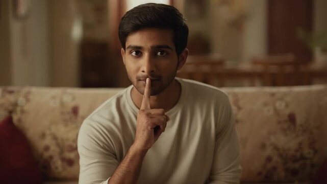 A man signals silence by putting his finger over his lips, as if keeping a secret Stock Video