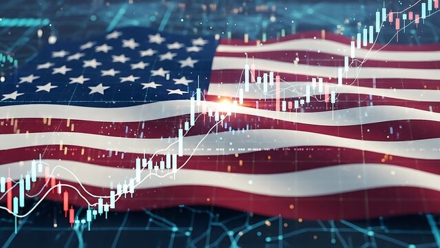 American flag superimposed with financial charts representing economic growth and market data - Powered by Adobe