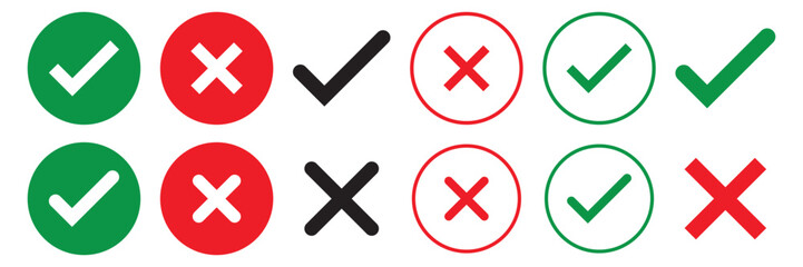 Set green approval check mark and red cross icons in circle and square, checklist signs, flat checkmark approval badge, isolated tick symbols