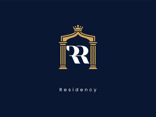 royal rr monogram logo with golden pillars, luxury real estate and law firm branding identity