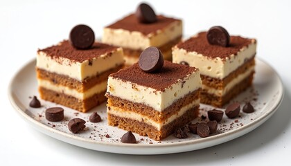 Four dessert squares of tiramisu cake sit on white plate dusted with cocoa powder. Creamy layers and chocolate chips adorn the rich Italian pastry slices, ready for enjoyment.