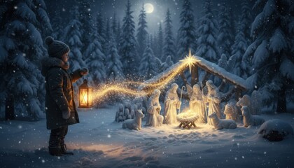 Child holding a glowing lantern stands near a snowy Nativity scene with figures illuminated by a sparkling light trail under a full moon