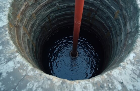 Submersible pump lowered into deep well shaft for water extraction. Water level shows ripples around the pipe as it descends into dark depths. Stone construction of the well wall is visible.
