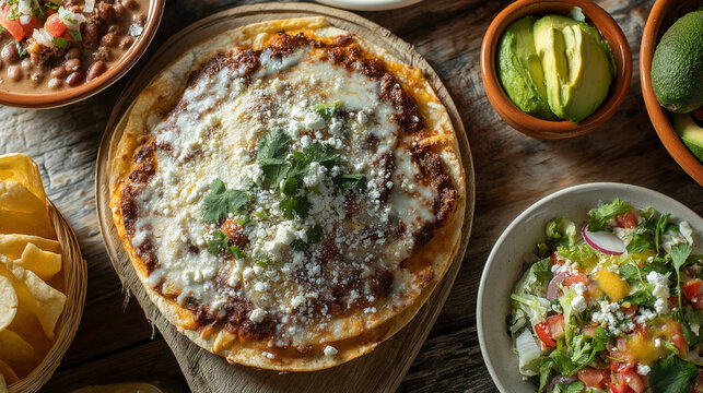 Large Oaxacan Mexican tlayuda with crispy tortilla base, beans, cheese, avocado, and meat, rustic table setup, overhead composition