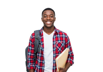 Fototapeta premium Smiling student with backpack and books isolated on transparent background