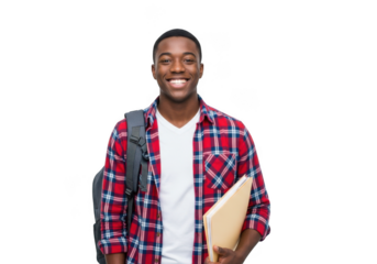 Smiling student with backpack and books isolated on transparent background