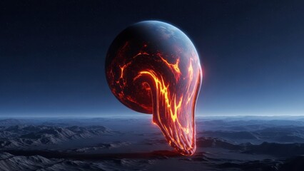 Molten planetoid partially melted on barren landscape
