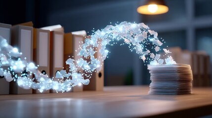 Innovative office data transfer with glowing digital particles