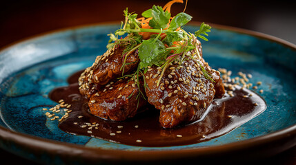 Mexican chicken mole served with thick dark chocolate chili sauce, sesame seed garnish, ceramic plate, dramatic lighting