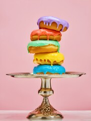 Rainbow Donut Tower on Glass Stand