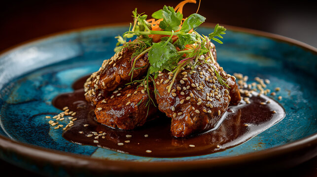 Mexican chicken mole served with thick dark chocolate chili sauce, sesame seed garnish, ceramic plate, dramatic lighting