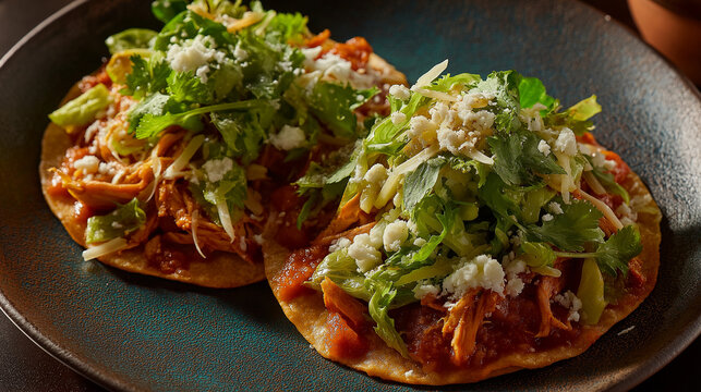Mexican chicken tinga tostadas topped with shredded chicken in smoky tomato sauce, lettuce, cheese, and crema, vibrant plating