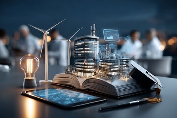 Innovative Energy Solutions Represented by a Miniature City Model on an Open Book at Night with Technology Elements and Wind Turbines